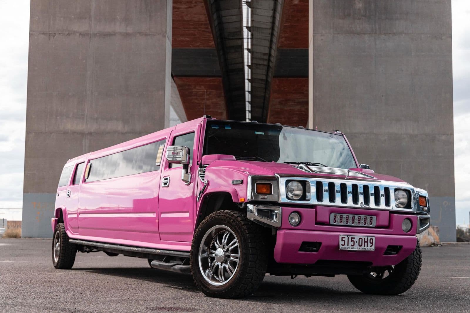 Front of the pink Hummer limousine under the Bolte Bridge, Melbourne