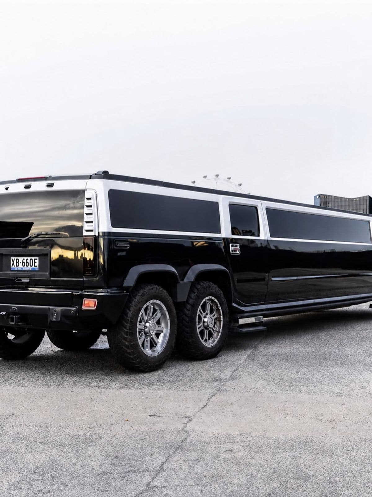 Rear of the six-wheeled Black Hummer 6x6 limousine