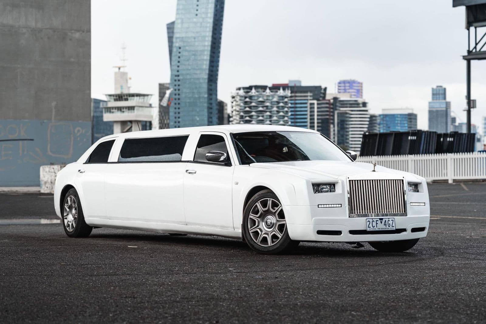Rolls Royce Tribute stretch limousine with the Docklands skyline, Melbourne